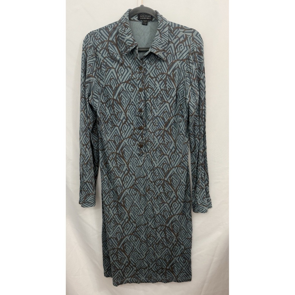 Spenser Jeremy 100% Silk Dress Long Sleeve Blue Brown Womens Size 12 *FLAW*